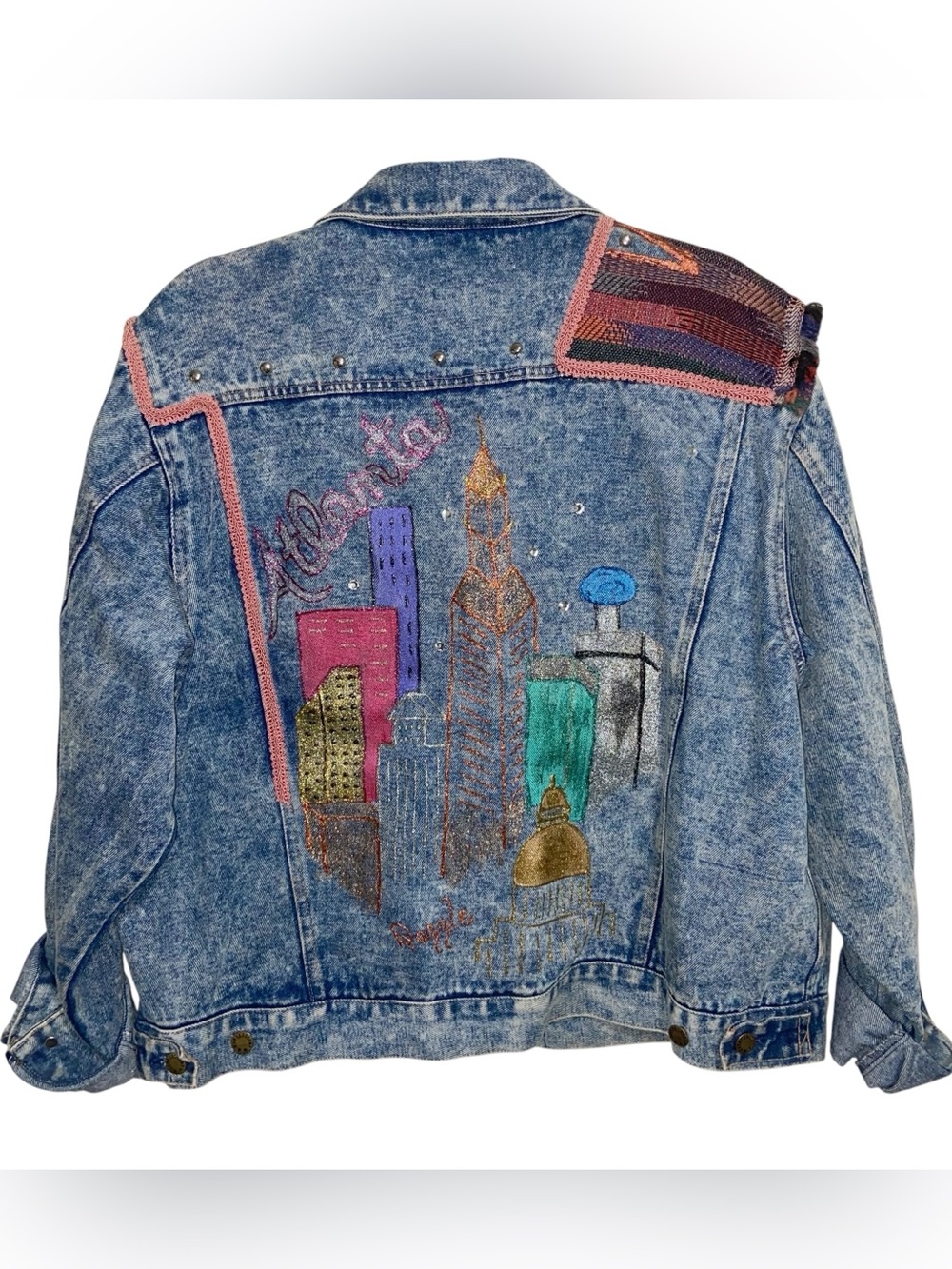 Custom Denim Jacket Womens Large Hand Painted Atlanta Georgia Jean Trucker Vtg